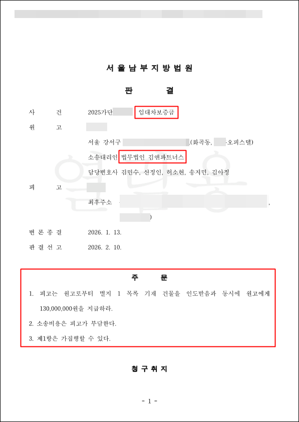 보증금 1억 3천만원 전액 회수 승소판결문